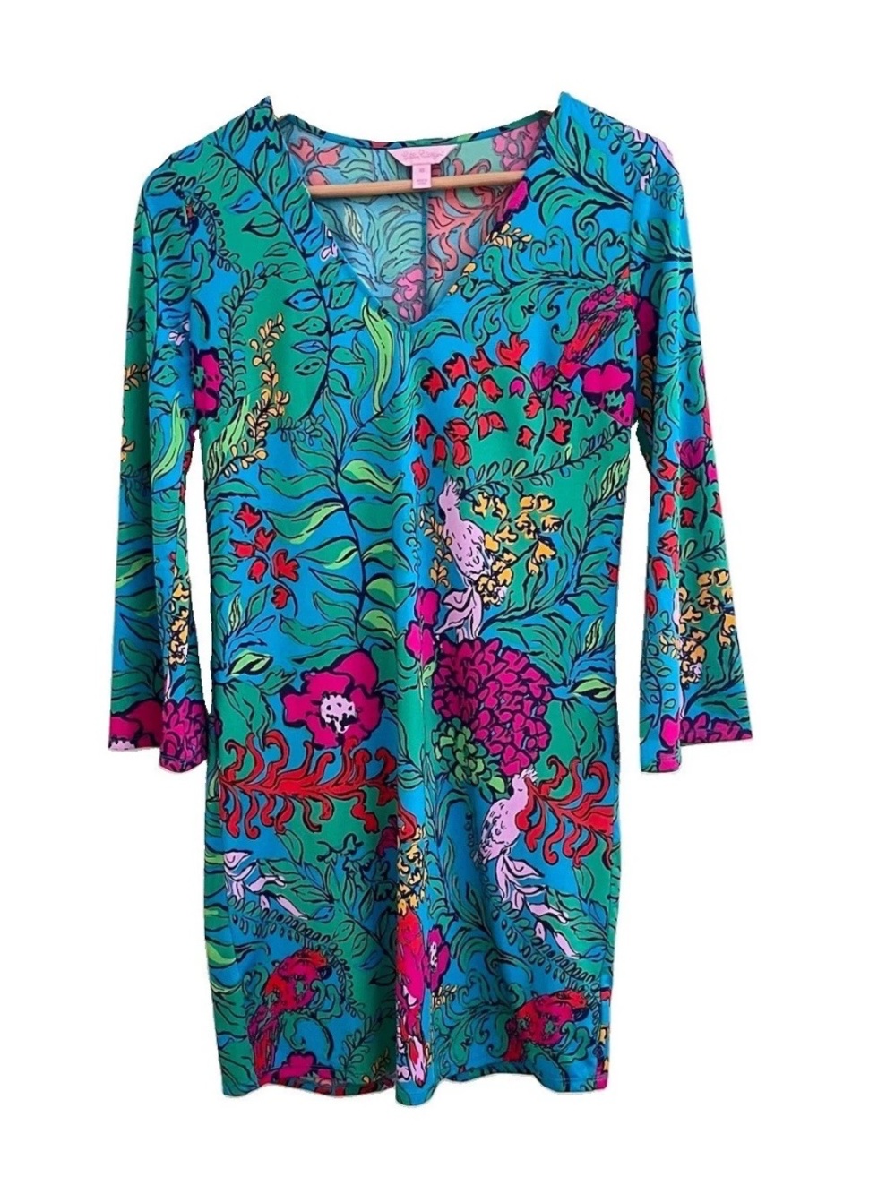 Lilly Pulitzer Dress Size XS Shake Your Tail feather Tropical Print Bell Sleeves